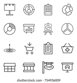 thin line icon set : billboard, target audience, clipboard, circle diagram, presentation, add to cart, basket, market, store signboard