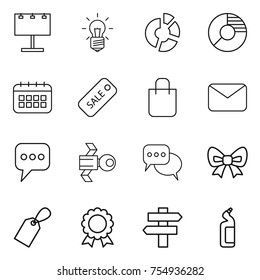 thin line icon set : billboard, bulb, circle diagram, calendar, sale, shopping bag, mail, message, satellite, discussion, bow, label, medal, singlepost, toilet cleanser