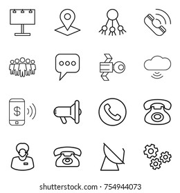 thin line icon set : billboard, pointer, share, call, team, message, satellite, cloud wireless, phone pay, megafon, support manager, antenna, gears