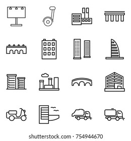 thin line icon set : billboard, segway, store, bridge, building, skyscrapers, skyscraper, district, city, office, scooter shipping, hotel, trash truck, sweeper