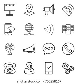 thin line icon set : billboard, pointer, loudspeaker, call, touch, globe connect, wireless, server, antenna, balloon, phone, support manager, mobile checking, gears