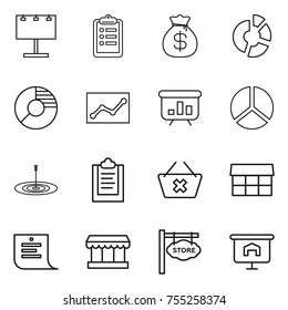 thin line icon set : billboard, clipboard, money bag, circle diagram, statistics, presentation, target, delete cart, market, shopping list, store signboard
