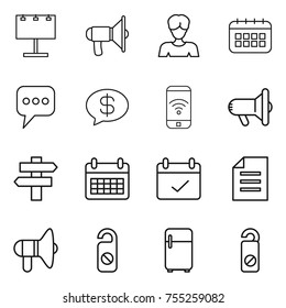 thin line icon set : billboard, loudspeaker, woman, calendar, message, money, phone wireless, megafon, singlepost, terms, document, do not distrub, fridge
