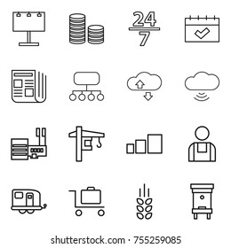 thin line icon set : billboard, coin stack, 24 7, calendar, newspaper, structure, cloude service, cloud wireless, mall, tower crane, sorting, workman, trailer, baggage trolley, spikelets, hive