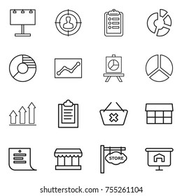 thin line icon set : billboard, target audience, clipboard, circle diagram, statistics, presentation, graph up, delete cart, market, shopping list, store signboard