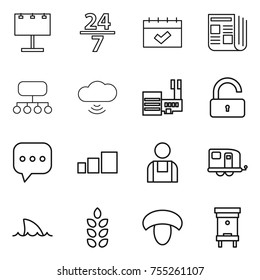 thin line icon set : billboard, 24 7, calendar, newspaper, structure, cloud wireless, mall, unlock, sms, sorting, workman, trailer, shark flipper, spikelets, mushroom, hive