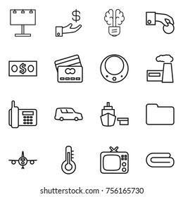 Thin line icon set : billboard, investment, bulb brain, hand coin, money, credit card, necklace, factory, phone, car shipping, port, documents, plane, thermometer, tv, towel