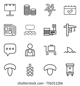 Thin line icon set : billboard, coin stack, 24 7, calendar, newspaper, structure, mall, tower crane, sms, workman, baggage trolley, shark flipper, mushroom, spikelets, hive
