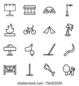 Thin line icon set : billboard, market, dome house, outdoor light, flammable, bike, tent, palm, restaurant, golf, rake, sickle, farm fence, blower, garden cleaning