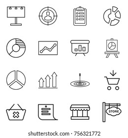 Thin line icon set : billboard, target audience, clipboard, circle diagram, statistics, presentation, graph up, add to cart, delete, shopping list, market, store signboard