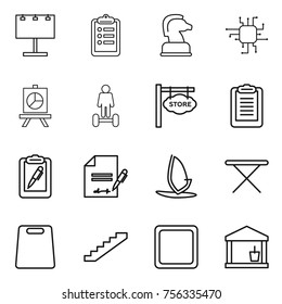 Thin line icon set : billboard, clipboard, chess horse, chip, presentation, hoverboard, store signboard, pen, inventory, windsurfing, iron board, cutting, stairs, utility room