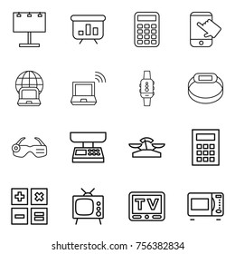 Thin line icon set : billboard, presentation, calculator, touch, notebook globe, wireless, smart watch, bracelet, glasses, market scales, tv, microwave oven