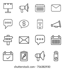 Thin line icon set : billboard, loudspeaker, calendar, mail, message, money, phone wireless, singlepost, sms, terms, clipboard pen, do not distrub