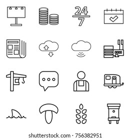 Thin line icon set : billboard, coin stack, 24 7, calendar, newspaper, cloude service, cloud wireless, mall, tower crane, sms, workman, trailer, shark flipper, mushroom, spikelets, hive