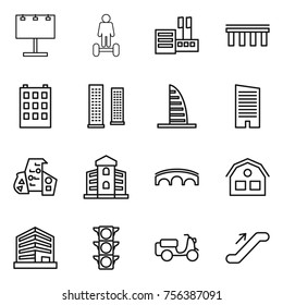 Thin line icon set : billboard, hoverboard, store, bridge, building, skyscrapers, skyscraper, modern architecture, house, office, traffic light, scooter shipping, escalator