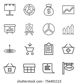 Thin line icon set : billboard, target audience, money bag, statistics, presentation, diagram, graph up, add to cart, clipboard, basket, delete, market, shopping list, store signboard