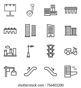 Thin line icon set : billboard, segway, store, bridge, skyscrapers, skyscraper, district, city, outdoor light, traffic, scooter shipping, loading, escalator, hotel