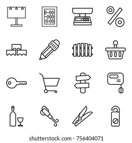 Thin line icon set : billboard, abacus, market scales, percent, block wall, pencil, fence, basket, key, cart, signpost, mixer, wine, blower, clothespin, do not distrub