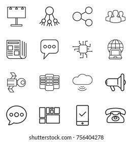 Thin line icon set : billboard, share, group, newspaper, message, chip, notebook globe, satellite, server, cloud wireless, megafon, balloon, consolidated cargo, mobile checking, phone