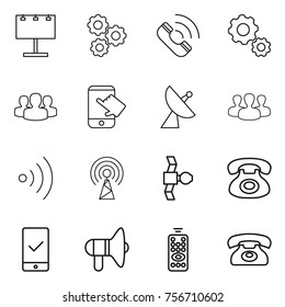 thin line icon set : billboard, gear, call, group, touch, satellite antenna, wireless, phone, mobile checking, loudspeaker, remote control