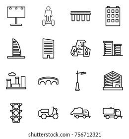 thin line icon set : billboard, hoverboard, bridge, building, skyscraper, modern architecture, district, city, outdoor light, office, traffic, scooter shipping, trash truck, sweeper