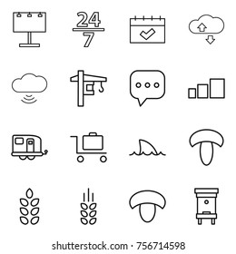 thin line icon set : billboard, 24 7, calendar, cloude service, cloud wireless, tower crane, sms, sorting, trailer, baggage trolley, shark flipper, mushroom, spikelets, hive