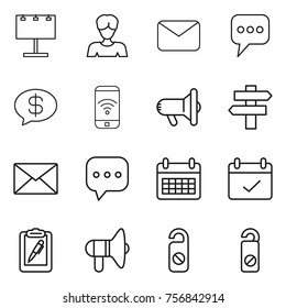 Thin line icon set : billboard, woman, mail, message, money, phone wireless, megafon, singlepost, sms, calendar, terms, clipboard pen, loudspeaker, do not distrub