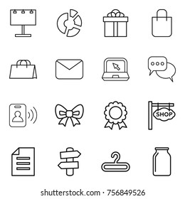 Thin line icon set : billboard, circle diagram, gift, shopping bag, mail, notebook, discussion, pass card, bow, medal, shop signboard, document, signpost, hanger, bank