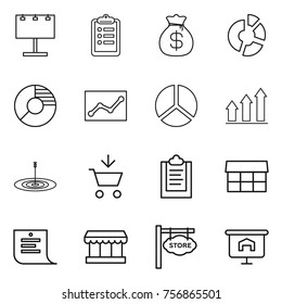 Thin line icon set : billboard, clipboard, money bag, circle diagram, statistics, graph up, target, add to cart, market, shopping list, store signboard, presentation