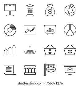 Thin line icon set : billboard, clipboard, money bag, circle diagram, statistics, presentation, graph up, target, add to basket, delete cart, shopping list, market, store signboard