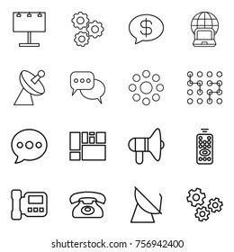 Thin line icon set : billboard, gear, money message, notebook globe, satellite antenna, discussion, round around, chip, balloon, consolidated cargo, loudspeaker, remote control, intercome, phone