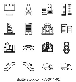 Thin line icon set : billboard, hoverboard, store, skyscrapers, skyscraper, building, district, city, bridge, office, traffic light, escalator, trash truck, sweeper