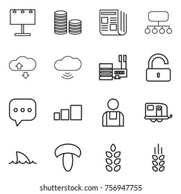 Thin line icon set : billboard, coin stack, newspaper, structure, cloude service, cloud wireless, mall, unlock, sms, sorting, workman, trailer, shark flipper, mushroom, spikelets