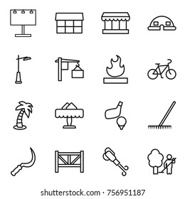 Thin line icon set : billboard, market, dome house, outdoor light, loading, flammable, bike, palm, restaurant, golf, rake, sickle, farm fence, blower, garden cleaning