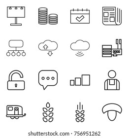 Thin line icon set : billboard, coin stack, calendar, newspaper, structure, cloude service, cloud wireless, mall, unlock, sms, sorting, workman, trailer, spikelets, mushroom