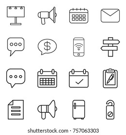 Thin line icon set : billboard, loudspeaker, calendar, mail, message, money, phone wireless, singlepost, sms, terms, clipboard pen, document, fridge, do not distrub
