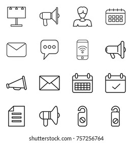 Thin line icon set : billboard, loudspeaker, woman, calendar, mail, message, phone wireless, megafon, terms, document, do not distrub