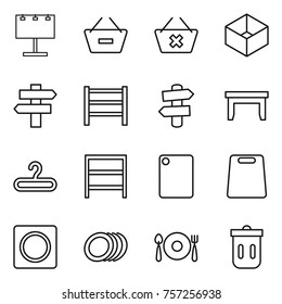 Thin line icon set : billboard, remove from basket, delete cart, box, singlepost, rack, signpost, table, hanger, cutting board, ring button, plates, fork spoon plate, trash bin
