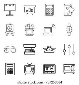 Thin line icon set : billboard, presentation, calculator, touch, notebook globe, wireless, smart watch, glasses, market scales, equalizer, tv, microwave oven