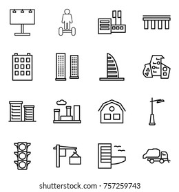 thin line icon set : billboard, hoverboard, store, bridge, building, skyscrapers, skyscraper, modern architecture, district, city, house, outdoor light, traffic, loading, hotel, trash truck