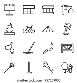 Thin line icon set : billboard, market, loading, flammable, bike, tent, palm, golf, rake, sickle, farm fence, blower, garden cleaning