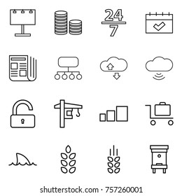 Thin line icon set : billboard, coin stack, 24 7, calendar, newspaper, structure, cloude service, cloud wireless, unlock, tower crane, sorting, baggage trolley, shark flipper, spikelets, hive