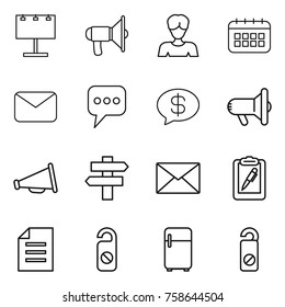 Thin line icon set : billboard, loudspeaker, woman, calendar, mail, message, money, megafon, singlepost, clipboard pen, document, do not distrub, fridge