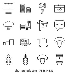 Thin line icon set : billboard, coin stack, 24 7, calendar, cloud wireless, mall, tower crane, sms, sorting, trailer, baggage trolley, mushroom, spikelets, hive