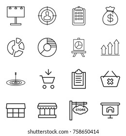 Thin line icon set : billboard, target audience, clipboard, money bag, circle diagram, presentation, graph up, add to cart, delete, market, store signboard