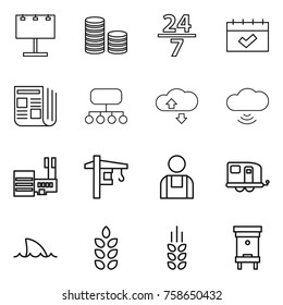Thin line icon set : billboard, coin stack, 24 7, calendar, newspaper, structure, cloude service, cloud wireless, mall, tower crane, workman, trailer, shark flipper, spikelets, hive