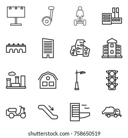 Thin line icon set : billboard, segway, hoverboard, store, bridge, skyscraper, modern architecture, building, city, house, outdoor light, traffic, scooter shipping, escalator, hotel, trash truck
