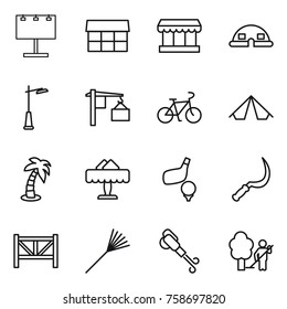 Thin line icon set : billboard, market, dome house, outdoor light, loading, bike, tent, palm, restaurant, golf, sickle, farm fence, rake, blower, garden cleaning
