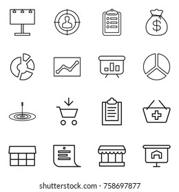 Thin line icon set : billboard, target audience, clipboard, money bag, circle diagram, statistics, presentation, add to cart, basket, market, shopping list
