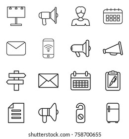 Thin line icon set : billboard, loudspeaker, woman, calendar, mail, phone wireless, megafon, singlepost, clipboard pen, document, do not distrub, fridge